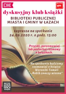 Plakat - informacja o spotkaniu Dyskusyjnego Klubu Książki 24 września 2020 roku