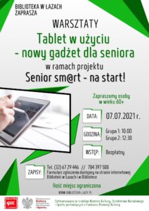 Plakat zapowiadający warsztaty dla seniorów Tablet w użyciu