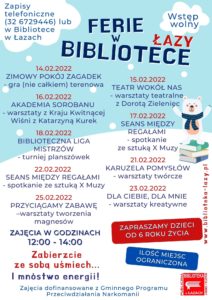 Plakat zapowiadający ferie w 2022 w Bibliotece w Łazach