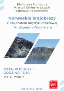 Plakat zapowiadający spotkanie Norweskie krajobrazy z Andrzejem Wójcikiem