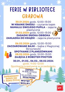 Plakat zapowiadający zajęcia dla dzieci podczas ferii w Bibliotece w Grabowej